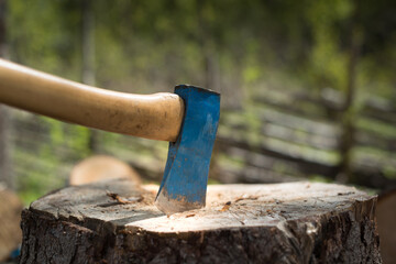 Wall Mural - Old axe in the top of a chopping block