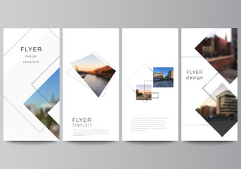 Wall Mural - Vector layout of flyer, banner design templates with geometric simple shapes, lines and photo place for website advertising design, vertical flyer, website decoration backgrounds.
