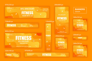 Aufkleber - Collection web banners different sizes for mobile and social networks, poster, shopping ads, marketing material. Bundle banners for product promotion, fitness club, GYM, energetic fit training.