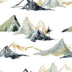 Watercolor and gouache winter seamless pattern of trees and mountains. Hand painted abstract and gold minimalistic illustrations isolated on white background for design, print, fabric or background.