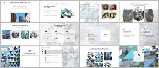 Sticker - Vector templates for website design, presentations, portfolio. Templates with triangles, triangular pattern for presentation slides, flyer, leaflet, brochure cover. Backgrounds with place for photo.