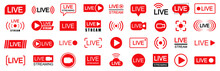 Set Of Live Streaming Icons. Set Of Video Broadcasting And Live Streaming Icon. Button, Red Symbols For TV, News, Movies, Shows - Vector