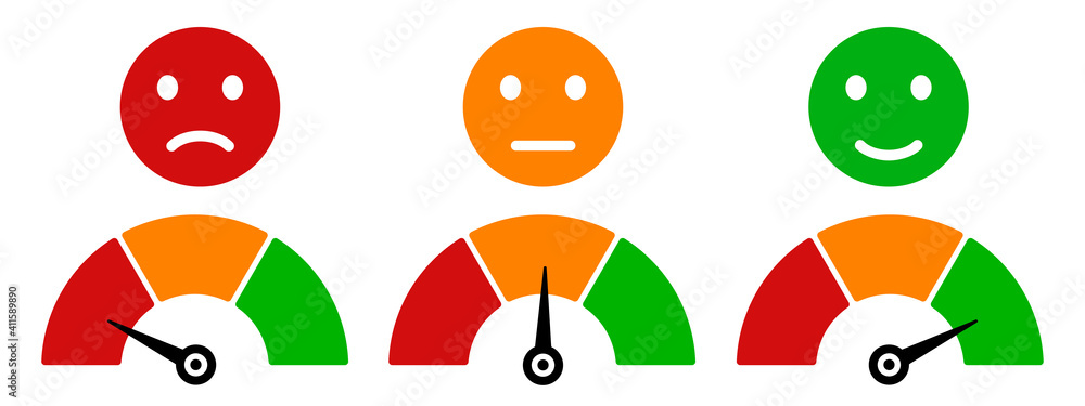Colored scale speed, emoji faces icons, valuation by emoticons, measuring device tachometer speedometer indicator with different colors, satisfaction barometer - vector - obrazy, fototapety, plakaty 
