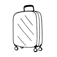 Outline image of a suitcase. Hand drawn doodle illustration, black image on white background. Travel bag on wheels. Linear art. Vector illustration.