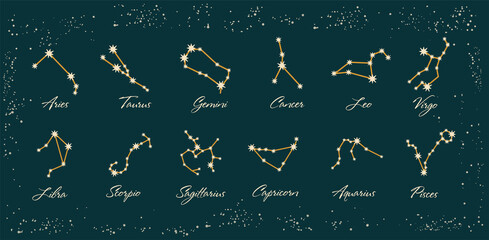 Wall Mural - set of signs of the zodiac, constellations. horoscope symbols, stars, vector set of astrological sig