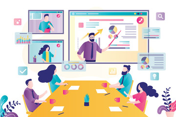 Wall Mural - Businessman explains new strategy to colleagues on screen. People met at online conference