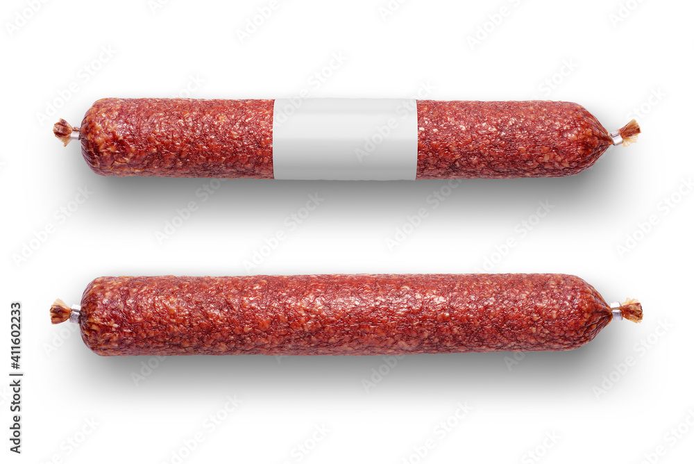 Dry salami sausage with blank label isolated on white background. - obrazy, fototapety, plakaty 