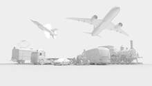 Transportation Vehicles, Aircraft Bus Train Tram Jet Fighter Jet Tractor Car Lined Up And Isolated In White Studio Background.