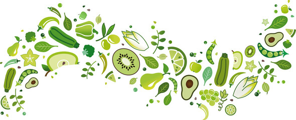 Wall Mural - green fruit and vegetables banner – vector illustration. Flat lay of drawn food and ingredients icons isolated on white. Healthy eating, balanced diet or dieting, vegetarian / vegan, detox, nutrition.