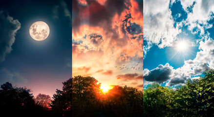 beautiful skies by day, at sunset and at night in the middle of nature