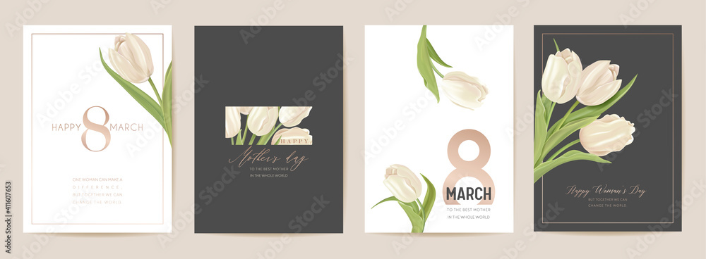 Woman day 8 March holiday card. Spring floral vector illustration. Greeting realistic tulip flowers template - obrazy, fototapety, plakaty 