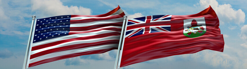 United States of America Flag and Bermuda flag waving with texture and Blue Sky Double flag