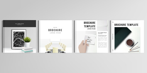 Realistic vector layouts of cover mockup design templates for square brochure, cover design, flyer, book design, magazine, poster. Home office concept, study or freelance, working from home.