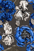 Seamless Wallpaper Pattern. White Gold Iris, Blue Hydrangea Flowers And Buds. Textile Composition, Hand Drawn Style Print. Vector Illustration.