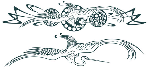 Tribal crane tattoo. Vector vignette for labels, sticker and other design.