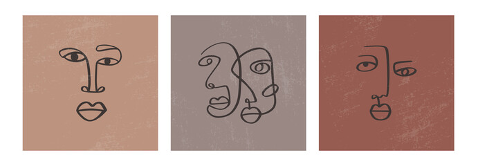 Wall Mural - Abstract one line continuous drawing faces. Minimalism art, aesthetic contour. Continuous line couple tribal portrait. Modern vector illustration in the ethnic style with nude background