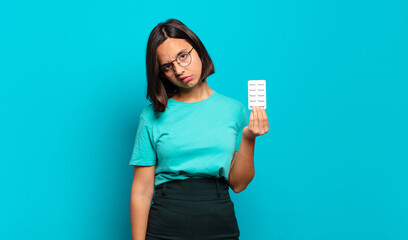 Wall Mural - young hispanic woman feeling puzzled and confused, with a dumb, stunned expression looking at something unexpected