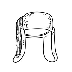 Winter warm hat in check pattern with earflaps with fur unisex outline for coloring on a white background