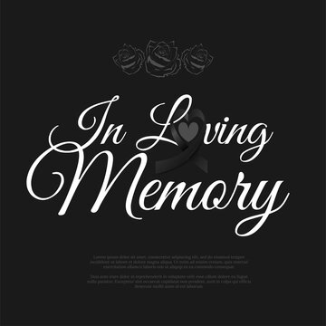 Wall Mural - Funeral card with rose flower and text with black heart ribbon. Funeral mourning border and font in loving memory on black background. Vector illustration