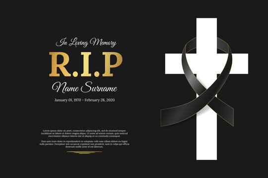 Wall Mural - Funeral card with black ribbon on white cross, name, birth and death dates. Obituary memorial, gravestone funeral card design. Golden text RIP on black background. Vector illustration