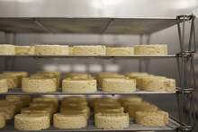 Background Image Of Raw Formed Cheese On Shelves In Storage Set For Airing And Ripening, Copy Space