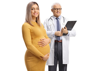 Wall Mural - Smiling pregnant woman and a mature doctor posing