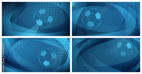 Set of four football or soccer backgrounds with big ball in light blue colors © Olga Moonlight