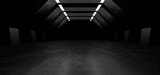 Fototapeta Perspektywa 3d - A dark corridor lit by white neon lights. Reflections on the floor and walls. 3d rendering image.