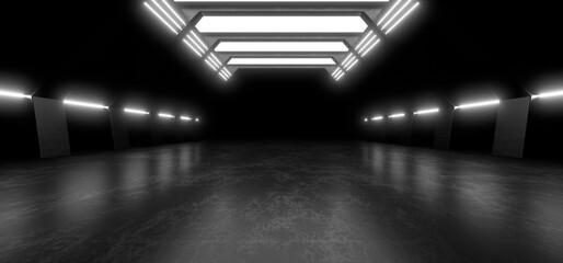 Wall Mural - a dark corridor lit by white neon lights. reflections on the floor and walls. 3d rendering image.