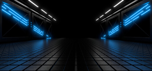 Wall Mural - sci fy neon lamps in a dark tunnel. reflections on the floor and walls. 3d rendering image.