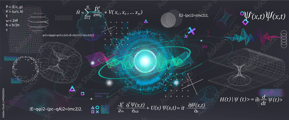 Science elements set concept Quantum Mechanics, formula, curvature of spacetime in a gravitational field, black hole, elements from theoretical physics. Futuristic Quantum Mechanics. Vector collection - obrazy, fototapety, plakaty 
