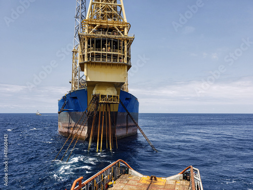Floating production storage and offloading (FPSO) vessel, oil and gas indutry. View from ship. Supply DP operations