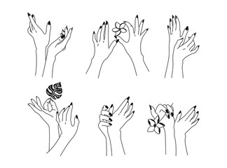 Female manicured nails hand black line set. Demonstration of manicure, contour arms with flowers. Manicure demonstration gesture. Different nations Spa beauty trendy graphic vector illustration