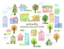 Watercolor Vector Hand Drawn Houses Illustration