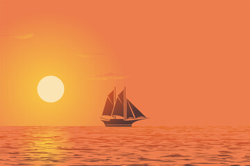 Canvas Print - sunset view with ship silhouette vector illustration