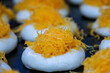 Golden egg yolk threads recipe on bread.Foi thong bread Thai Dessert.