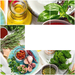 Sticker - Collage of fresh and dried herbs and spices.