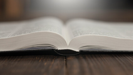 Open Bible book on a wooden table.