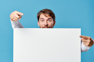 man in shirt with tie white mockup advertisement presentation blue background Copy Space