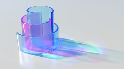 Round glass transparent blue and purple colored geometric. Light generates colored shadows and caustics. Beautiful 3d render.