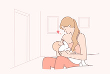 Motherhood, Breastfeeding, Family Concept. Young Happy Loving Woman Mother Sitting And Breastfeeding Her Little Baby Infant At Home Feeling Care And Endless Love Vector Illustration 