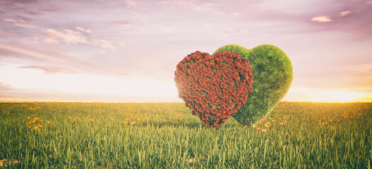 Beautiful landscape with two hearts in the field, Love cooncept. 3d rendering 