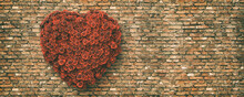 Illustration Of The Red Heart On The Brick Wall Background, 3d Render 