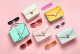 Fototapeta  - Composition with sunglasses and bags on color background