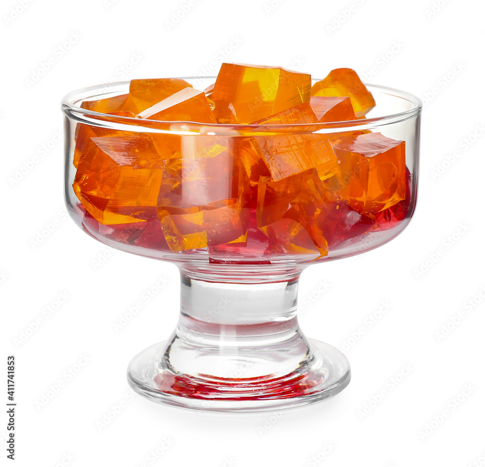 Glass bowl with tasty jelly cubes on white background