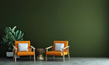 Mock Up Furniture Decoration In Modern Interior Background, Green Living Room, Scandinavian Style, 3D Render, 3D Illustration