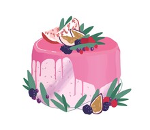 Wedding Or Birthday Dessert Decorated With Berries, Fruits And Drippy Topping. Festive Layered Creamy Cake Topped With Pink Mirror Glaze. Colored Vector Illustration Isolated On White Background