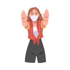 Sticker - Young Woman Wearing Face Mask Showing Stop Virus Sign with Her Hand Vector Illustration