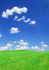 Wall Mural - idyllic view, green hills and blue sky with white clouds