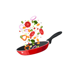 Food preparation. Sliced vegetables in red frying pan. Kitchen utensil. Vector illustration cartoon flat icon isolated on white background.